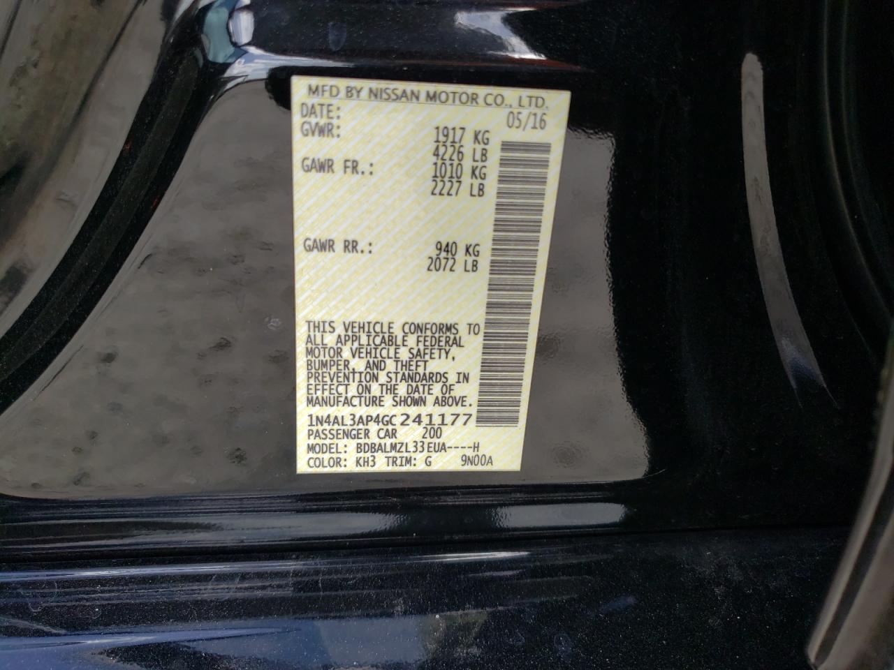 Photo 10 from auction – 2016 NISSAN ALTIMA 2.5 with VIN 1N4AL3AP4GC241177