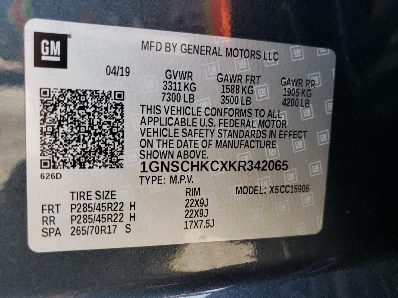 Photo 10 from auction – 2019 CHEVROLET SUBURBAN C with VIN 1GNSCHKCXKR342065