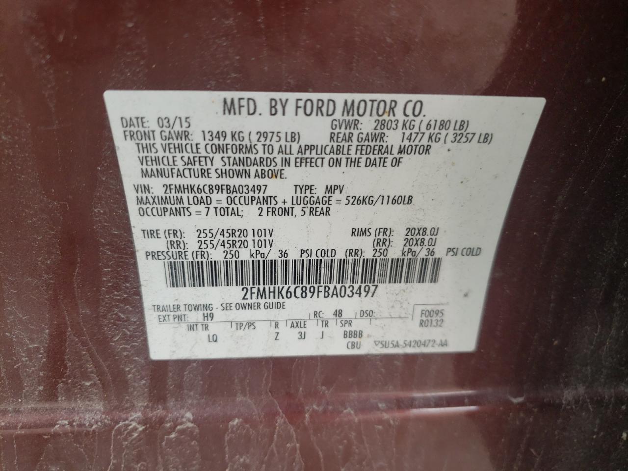 Photo 10 from auction – 2015 FORD FLEX SEL with VIN 2FMHK6C89FBA03497