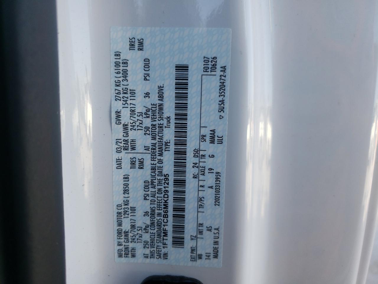 Photo 10 from auction – 2021 FORD F150 with VIN 1FTMF1CB6MKD91295