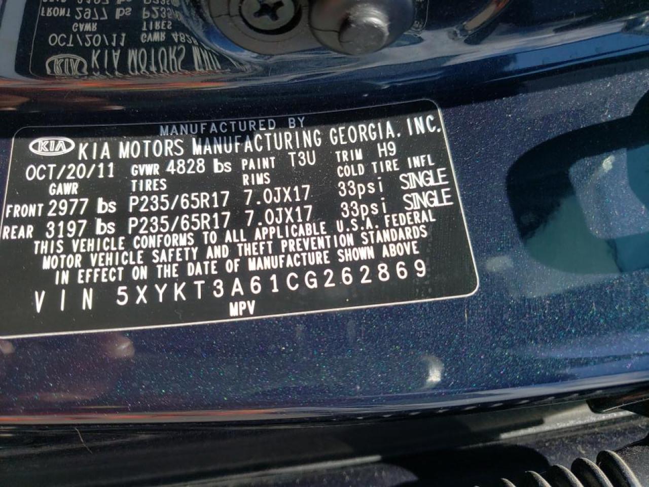 Photo 10 from auction – 2012 KIA SORENTO BA with VIN 5XYKT3A61CG262869