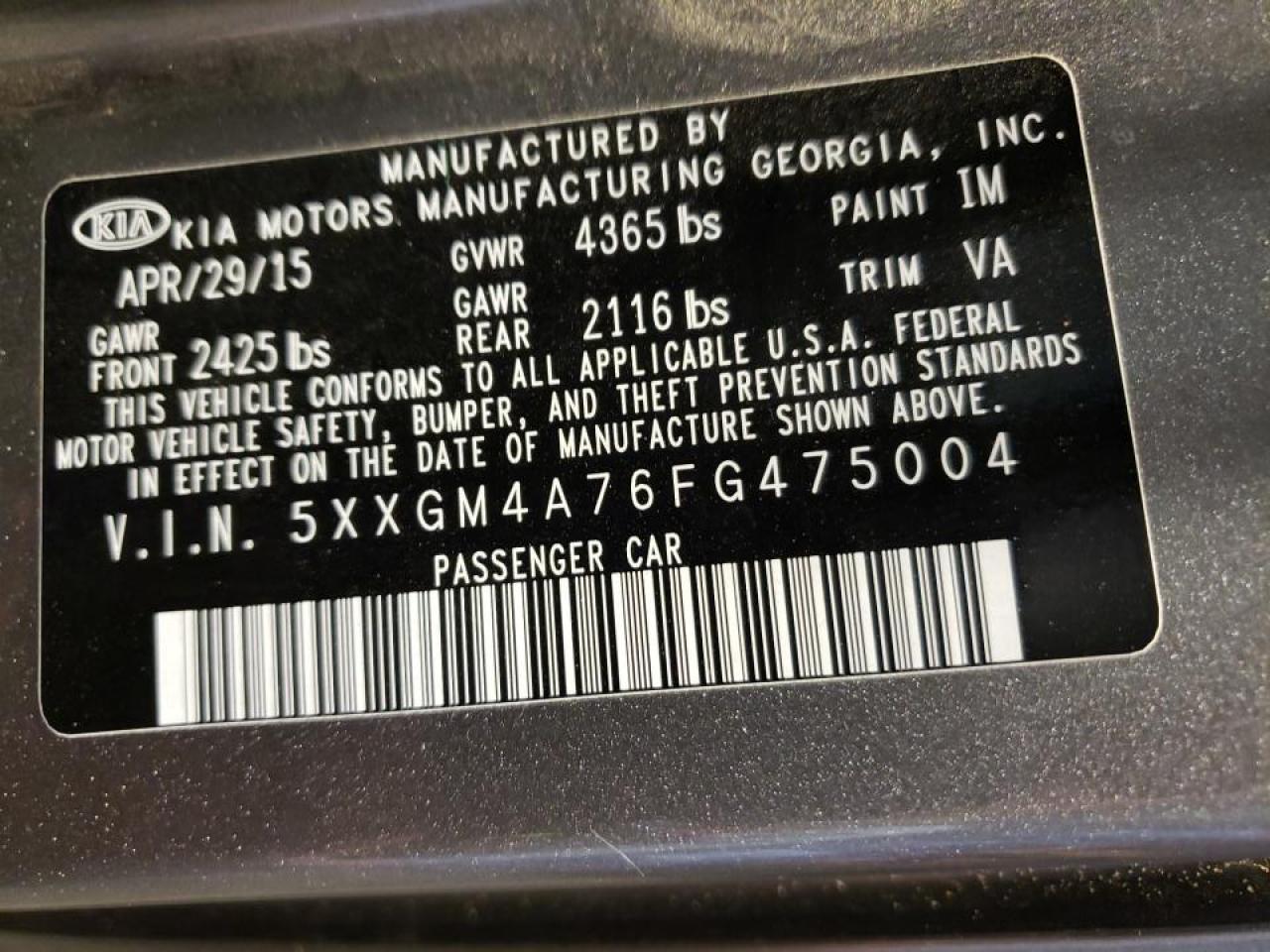 Photo 10 from auction – 2015 KIA OPTIMA LX with VIN 5XXGM4A76FG475004
