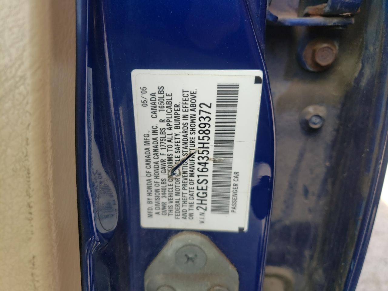 Photo 10 from auction – 2005 HONDA CIVIC DX with VIN 2HGES16435H589372