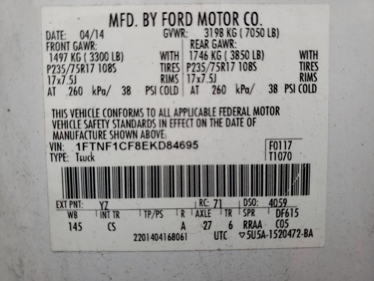 Photo 10 from auction – 2014 FORD F150 with VIN 1FTNF1CF8EKD84695
