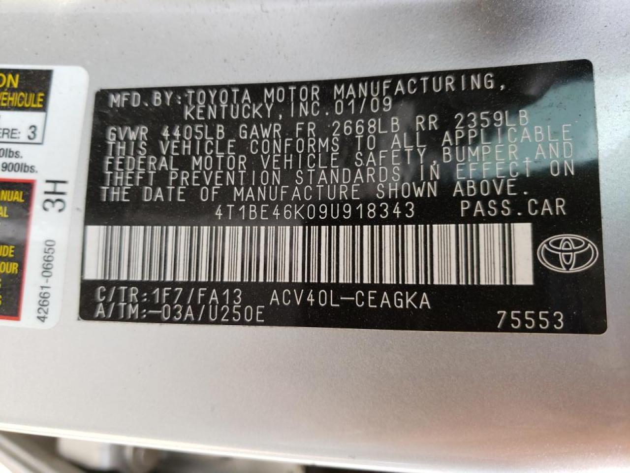 Photo 10 from auction – 2009 TOYOTA CAMRY BASE with VIN 4T1BE46K09U918343