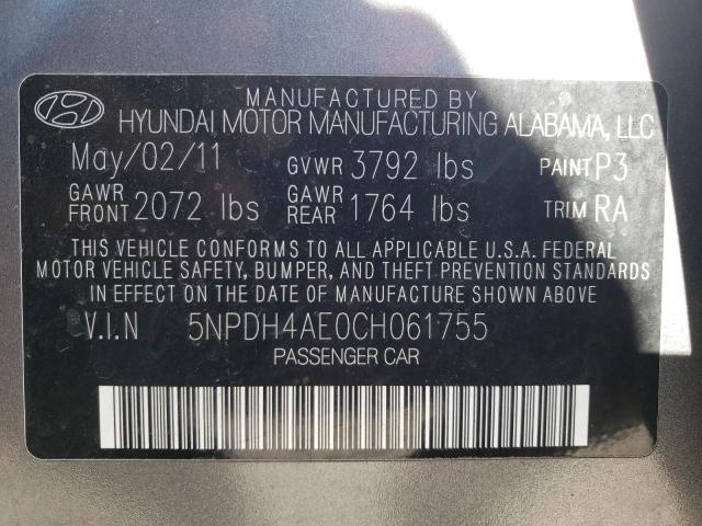 HYUNDAI ELANTRA GL 2012 with VIN 5NPDH4AE0CH061755 - Photo from auction