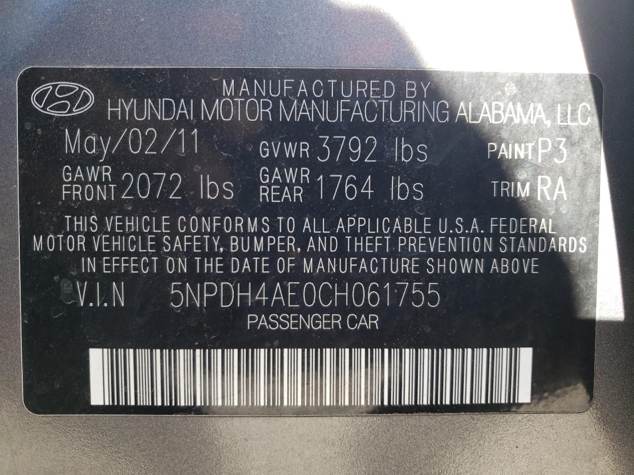 Photo 11 from auction – 2012 HYUNDAI ELANTRA GL with VIN 5NPDH4AE0CH061755