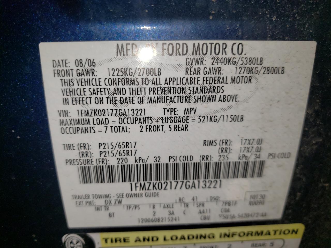 Photo 10 from auction – 2007 FORD FREESTYLE with VIN 1FMZK02177GA13221