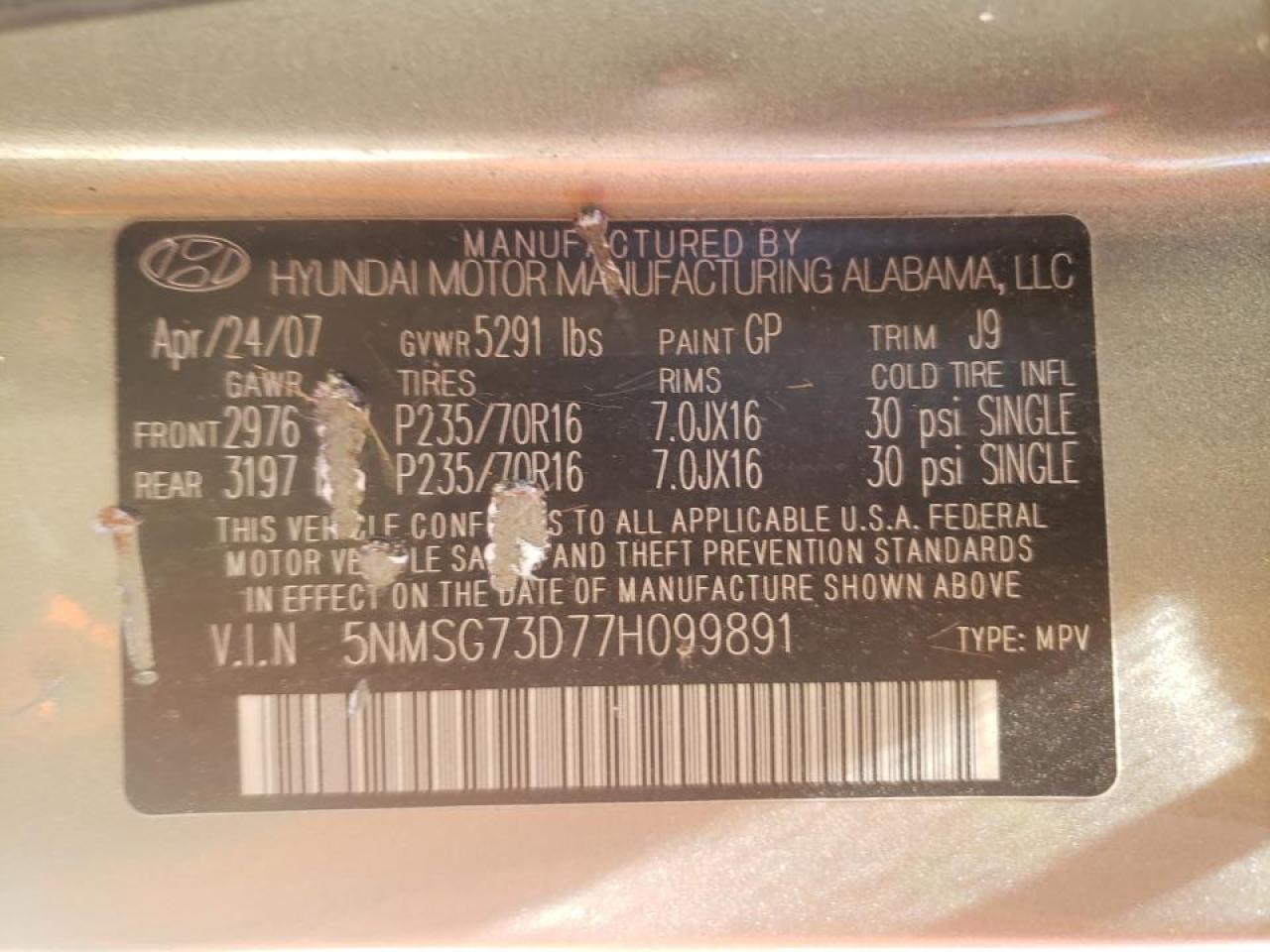 Zdjęcie 10 z aukcji – 2007 HYUNDAI SANTA FE G z VIN 5NMSG73D77H099891
