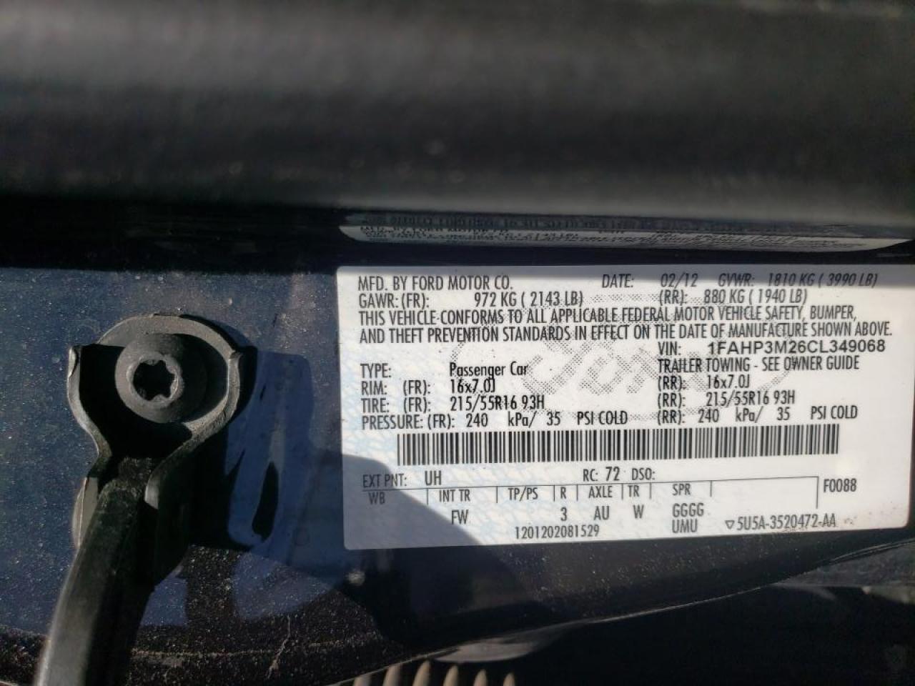 Photo 10 from auction – 2012 FORD FOCUS SEL with VIN 1FAHP3M26CL349068