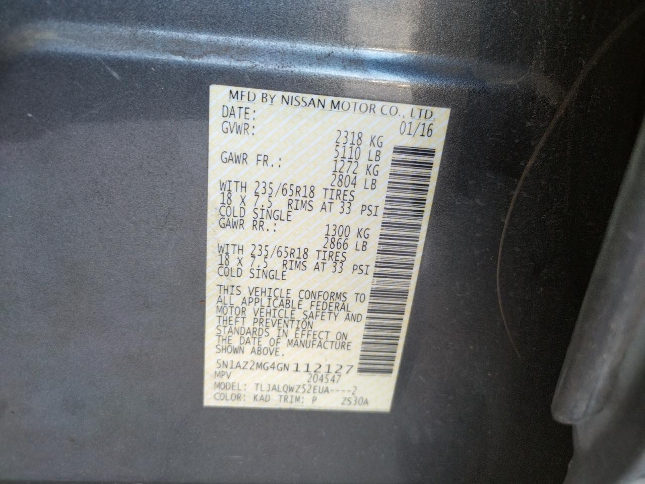 Photo 10 from auction – 2016 NISSAN MURANO S with VIN 5N1AZ2MG4GN112127