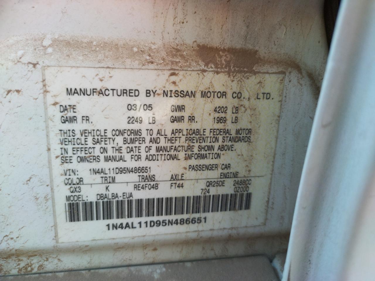 Photo 10 from auction – 2005 NISSAN ALTIMA S with VIN 1N4AL11D95N486651