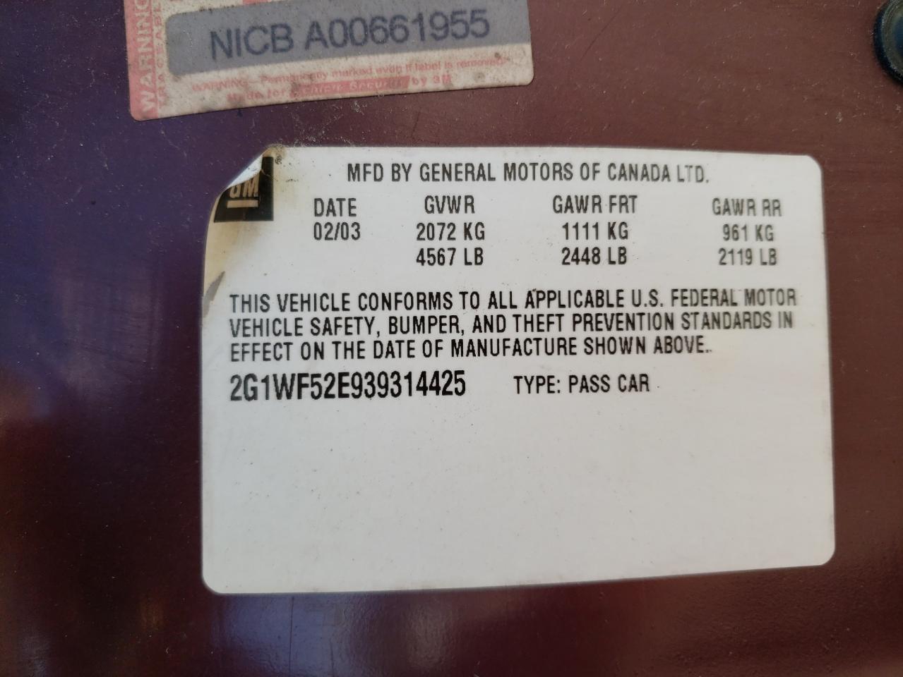 Photo 10 from auction – 2003 CHEVROLET IMPALA with VIN 2G1WF52E939314425
