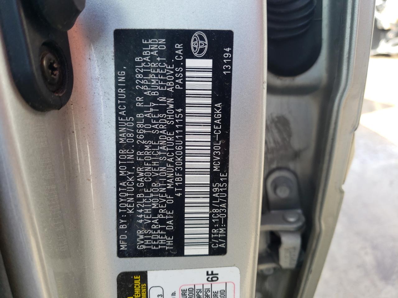 Photo 10 from auction – 2006 TOYOTA CAMRY LE with VIN 4T1BF30K06U111154