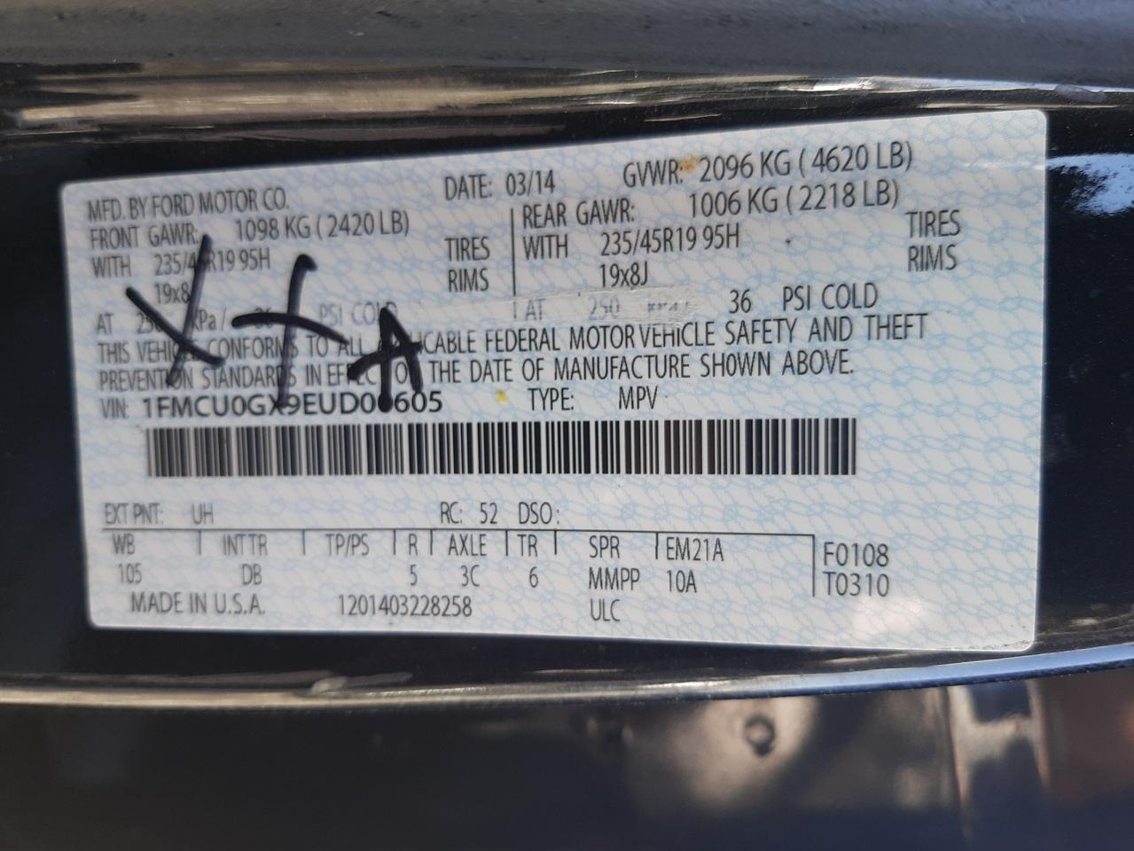 Photo 10 from auction – 2014 FORD ESCAPE SE with VIN 1FMCU0GX9EUD00605