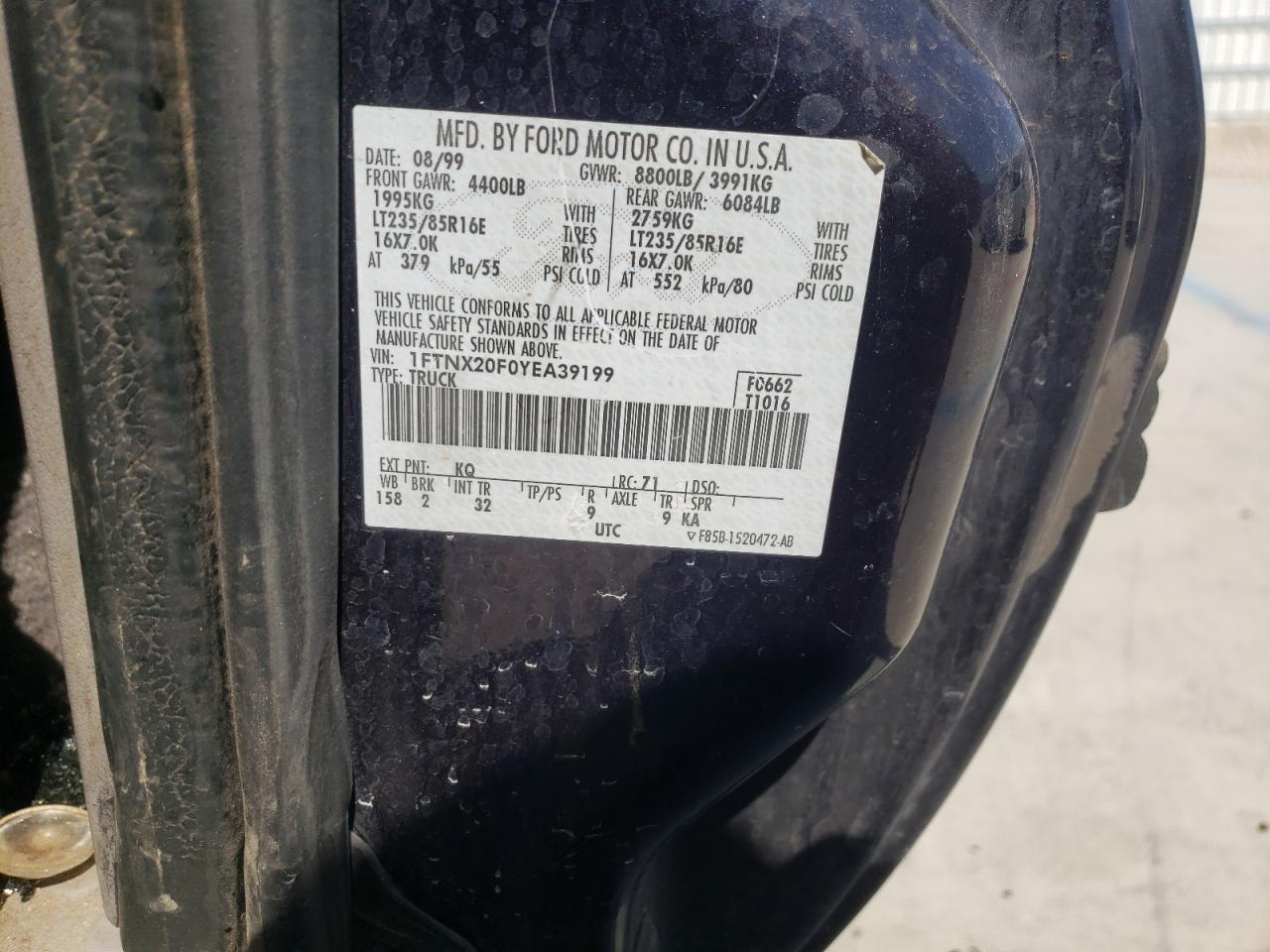 Photo 10 from auction – 2000 FORD F250 SUPER with VIN 1FTNX20F0YEA39199