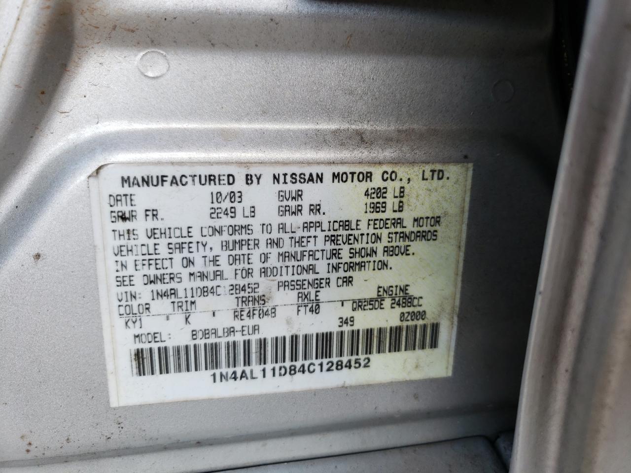 Photo 10 from auction – 2004 NISSAN ALTIMA BAS with VIN 1N4AL11D84C128452