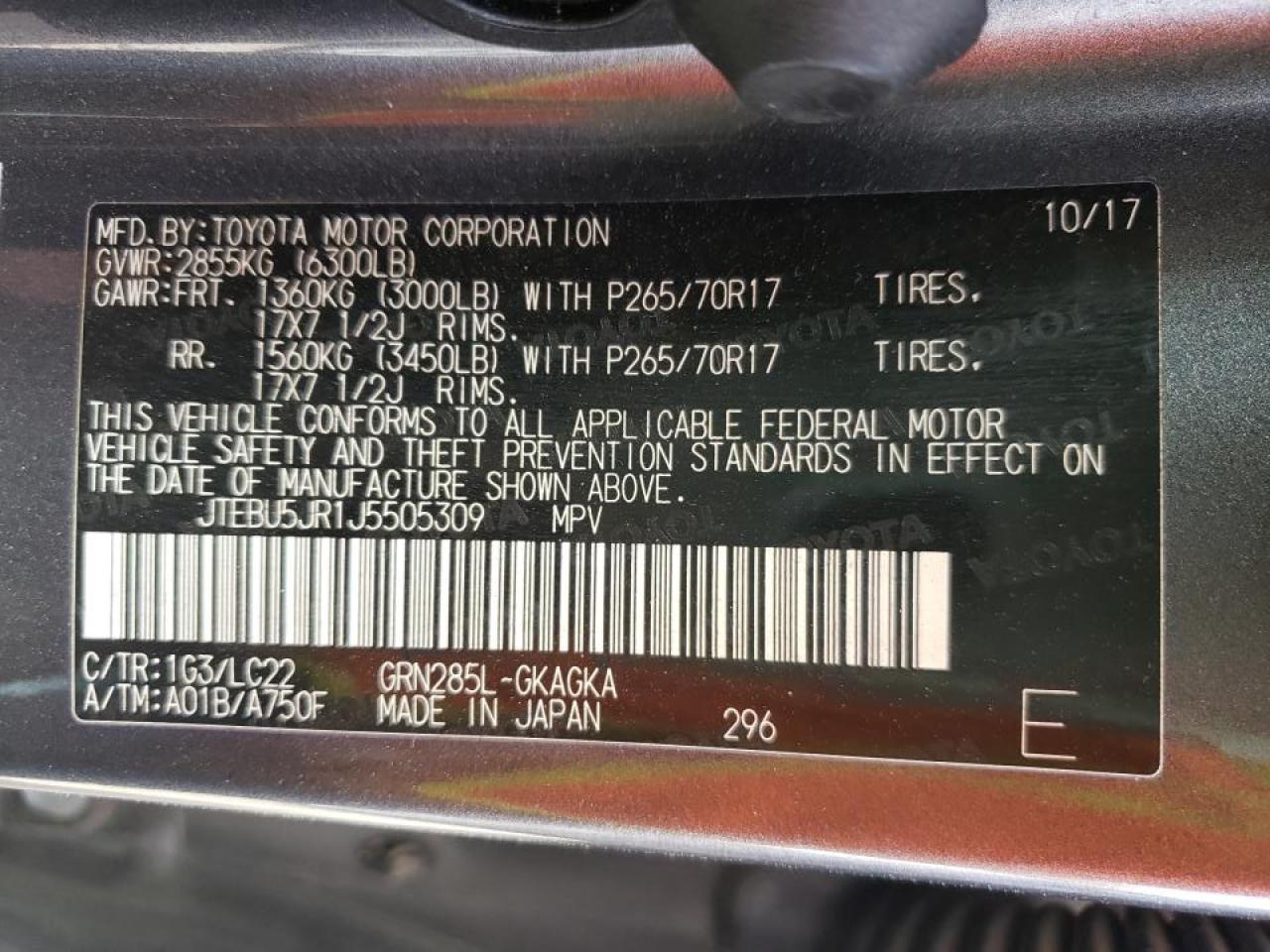 Photo 10 from auction – 2018 TOYOTA 4RUNNER SR with VIN JTEBU5JR1J5505309