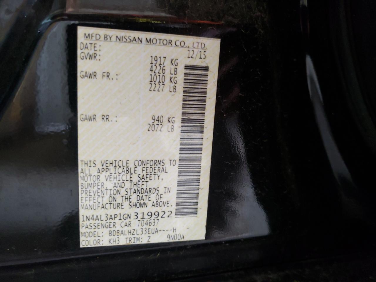 Photo 10 from auction – 2016 NISSAN ALTIMA 2.5 with VIN 1N4AL3AP1GN319922