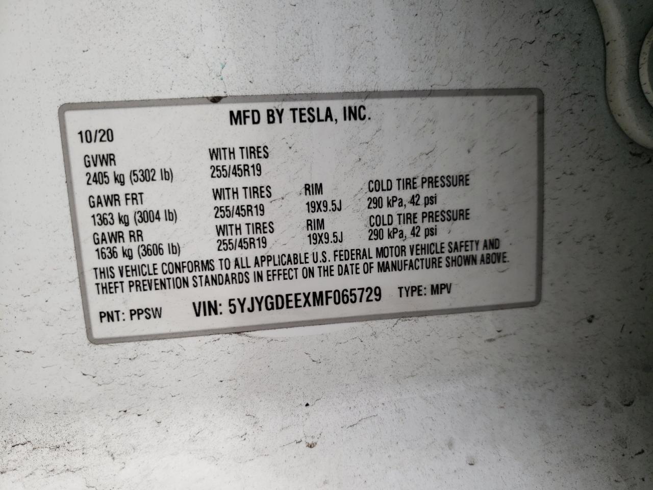 Photo 10 from auction – 2021 TESLA MODEL Y with VIN 5YJYGDEEXMF065729