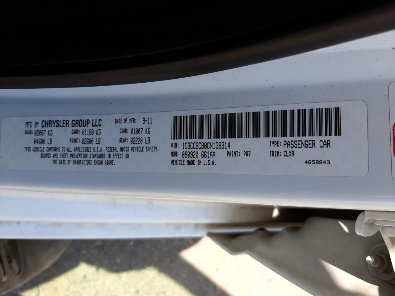 Photo 10 from auction – 2012 CHRYSLER 200 LIMITE with VIN 1C3CCBCB8CN138314
