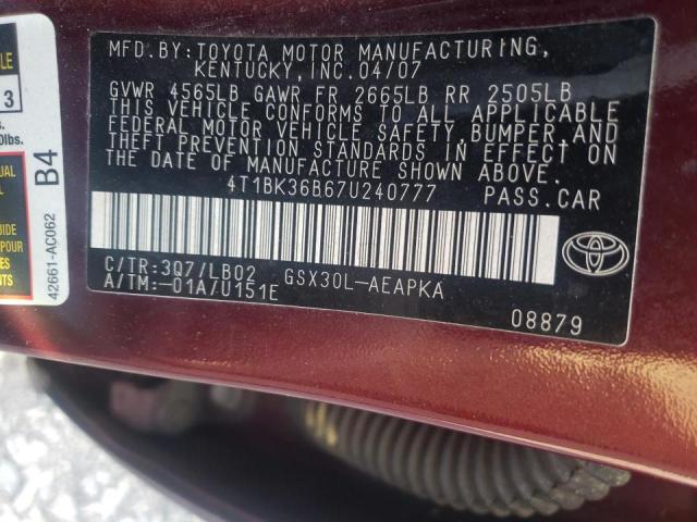 Photo 10 from auction – 2007 TOYOTA AVALON with VIN 4T1BK36B67U240777