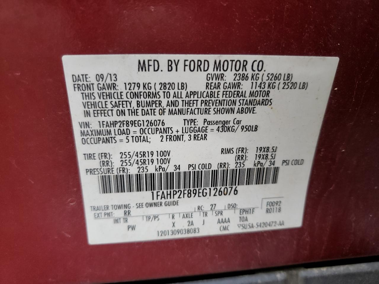 Photo 10 from auction – 2014 FORD TAURUS LIM with VIN 1FAHP2F89EG126076