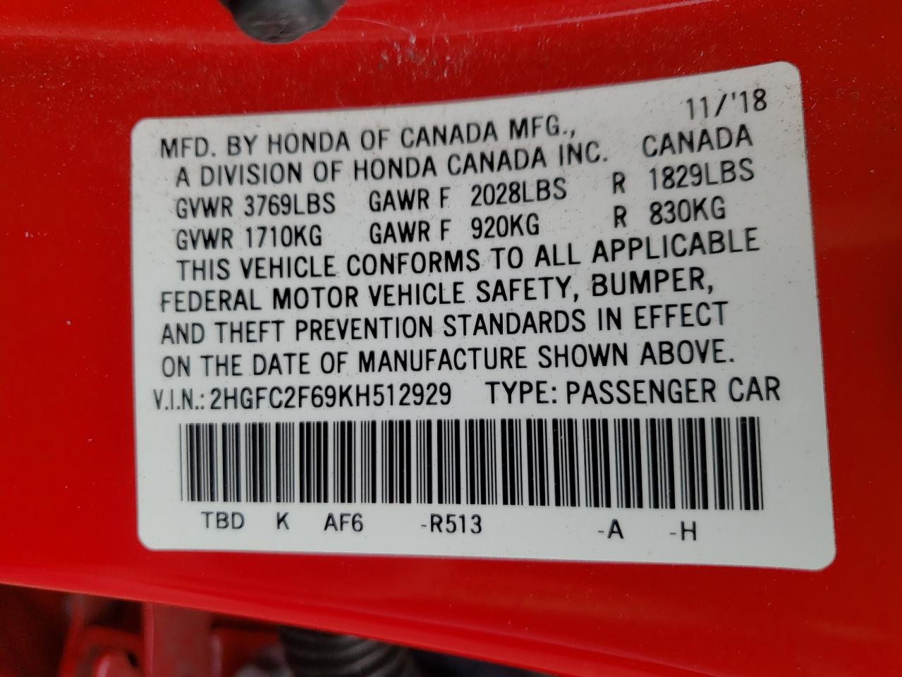 Photo 10 from auction – 2019 HONDA CIVIC with VIN 2HGFC2F69KH512929