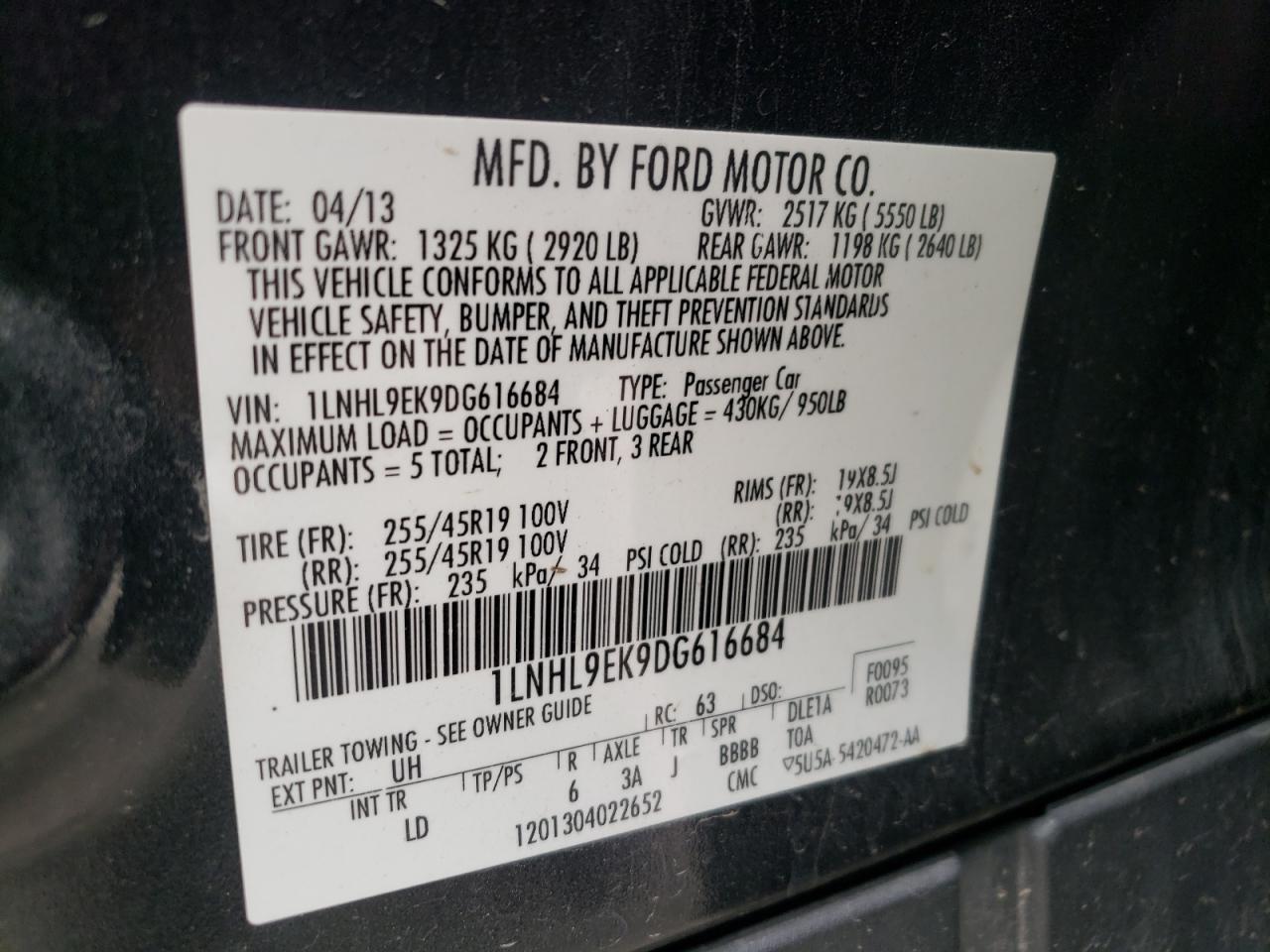 Photo 10 from auction – 2013 LINCOLN MKS with VIN 1LNHL9EK9DG616684