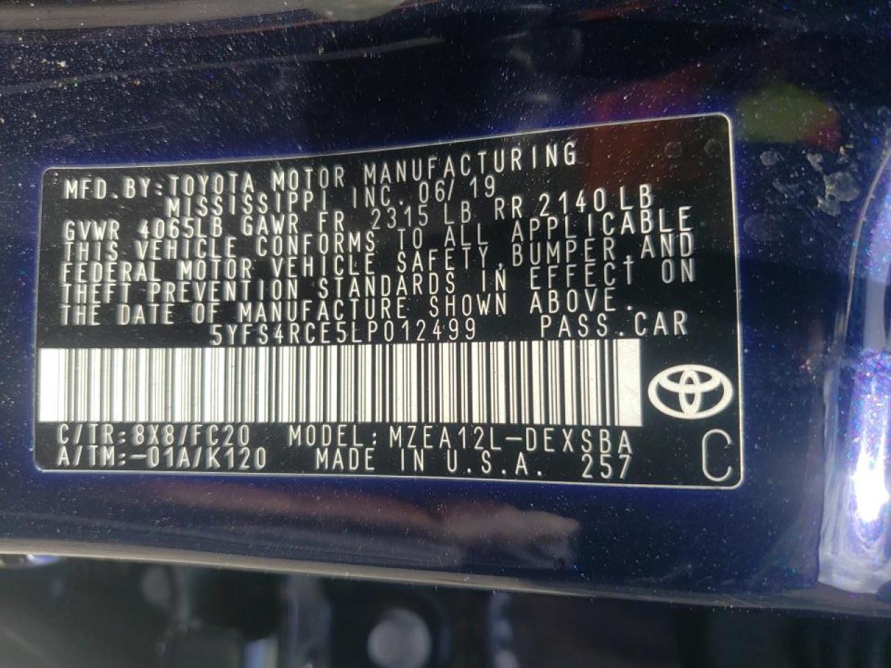 Photo 10 from auction – 2020 TOYOTA COROLLA SE with VIN 5YFS4RCE5LP012499