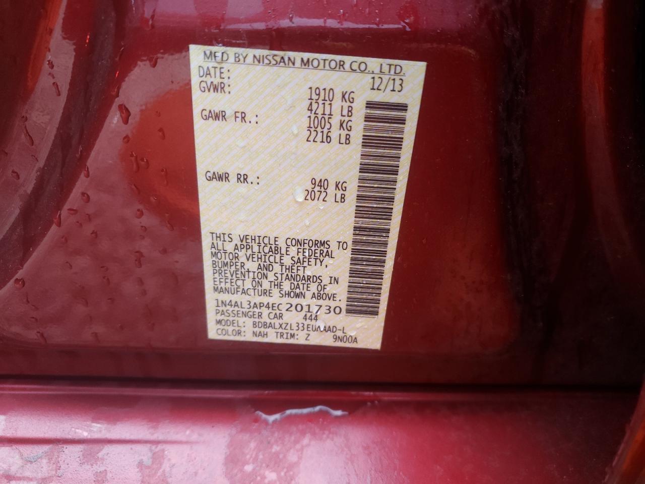 Photo 10 from auction – 2014 NISSAN ALTIMA 2.5 with VIN 1N4AL3AP4EC201730