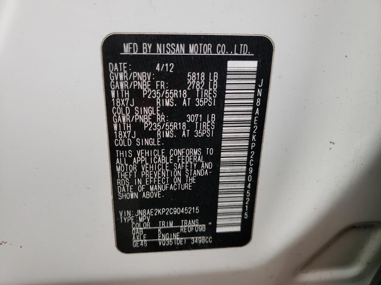 Photo 10 from auction – 2012 NISSAN QUEST LE with VIN JN8AE2KP2C9045215