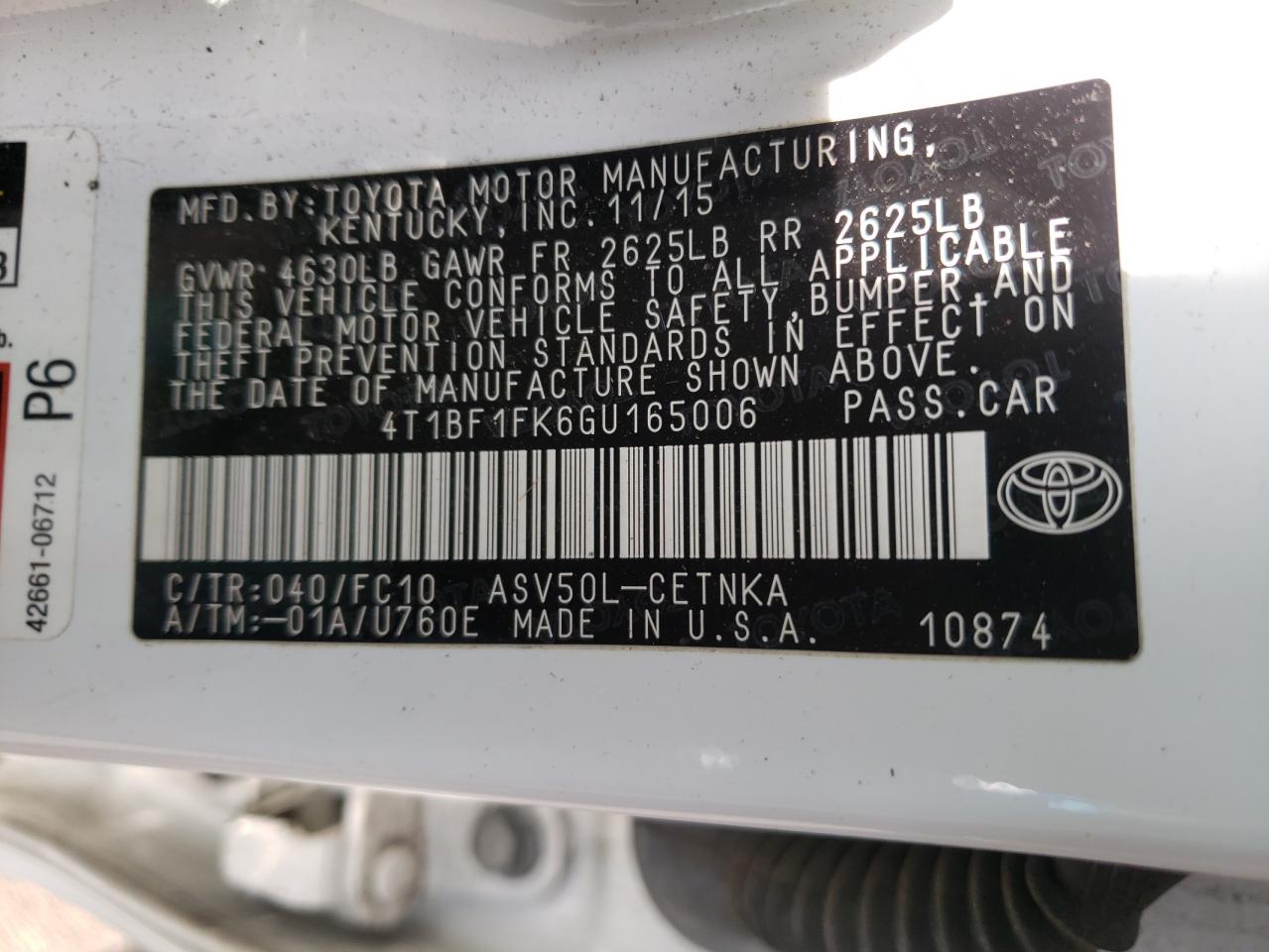 Photo 10 from auction – 2016 TOYOTA CAMRY LE with VIN 4T1BF1FK6GU165006