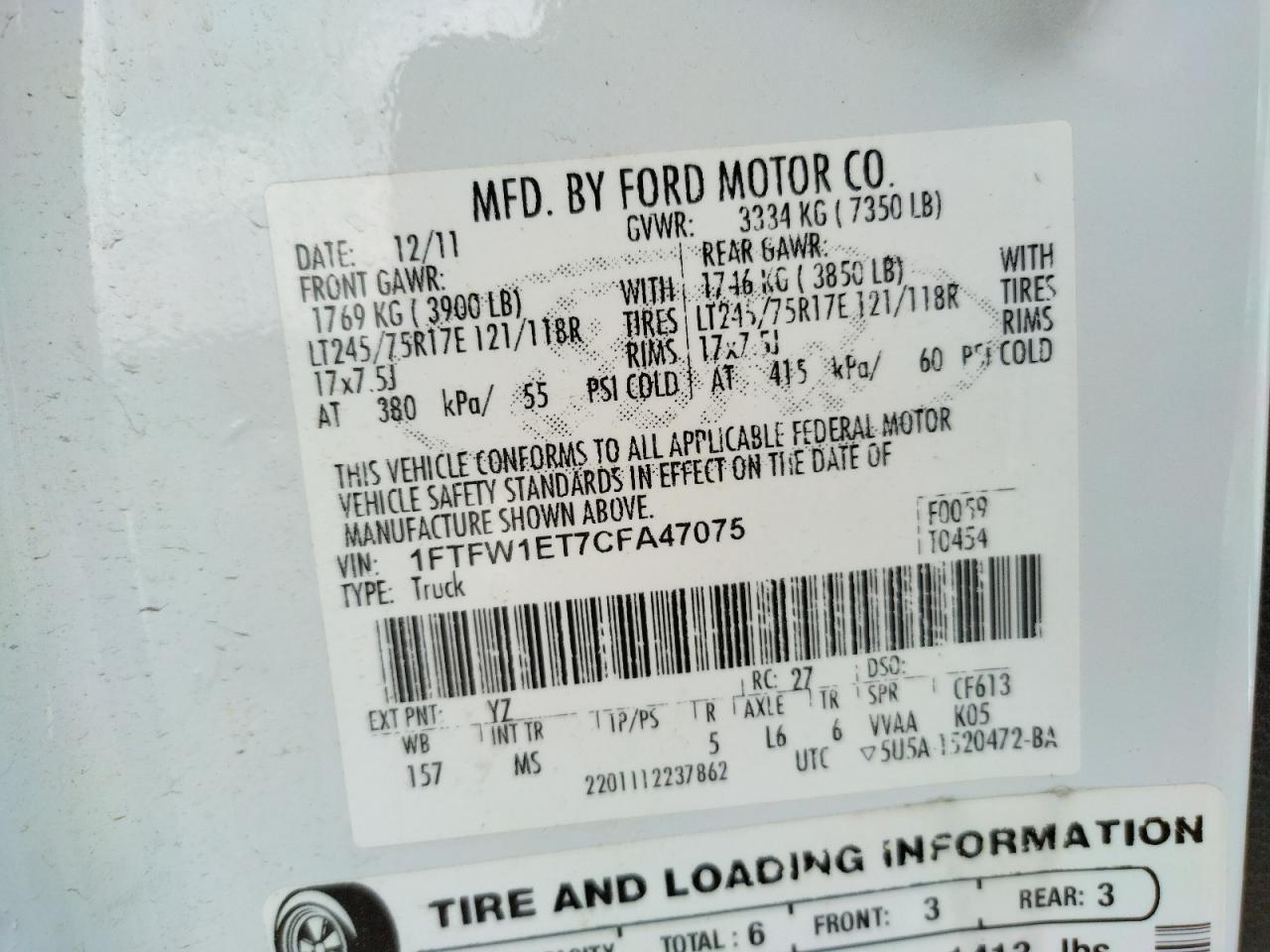 Photo 10 from auction – 2012 FORD F150 SUPER with VIN 1FTFW1ET7CFA47075