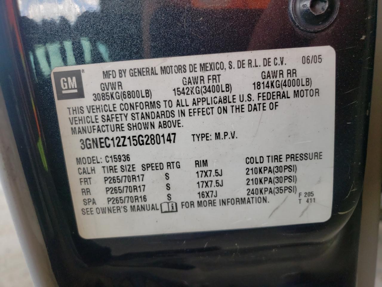Photo 10 from auction – 2005 CHEVROLET AVALANCHE with VIN 3GNEC12Z15G280147