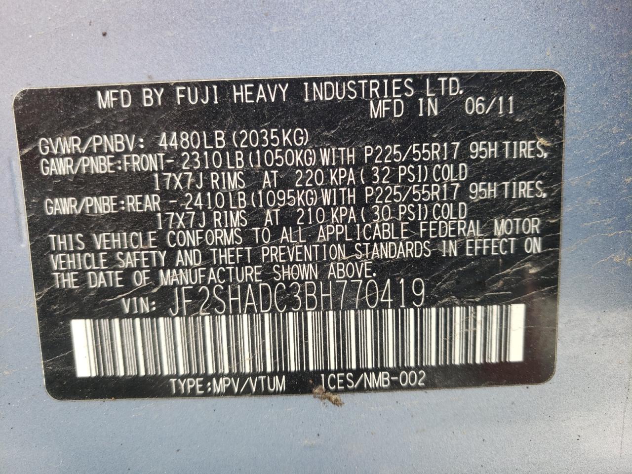Photo 10 from auction – 2011 SUBARU FORESTER 2 with VIN JF2SHADC3BH770419