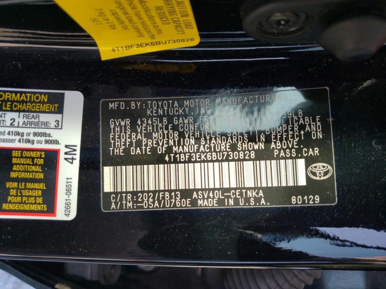 Photo 10 from auction – 2011 TOYOTA CAMRY BASE with VIN 4T1BF3EK6BU730828
