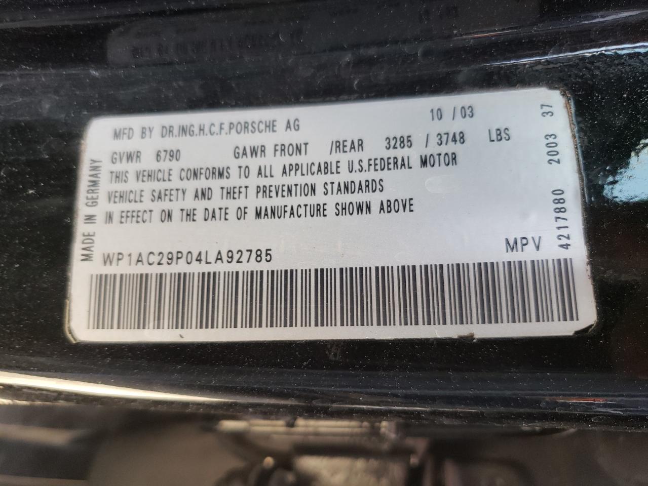 Photo 10 from auction – 2004 PORSCHE CAYENNE TU with VIN WP1AC29P04LA92785
