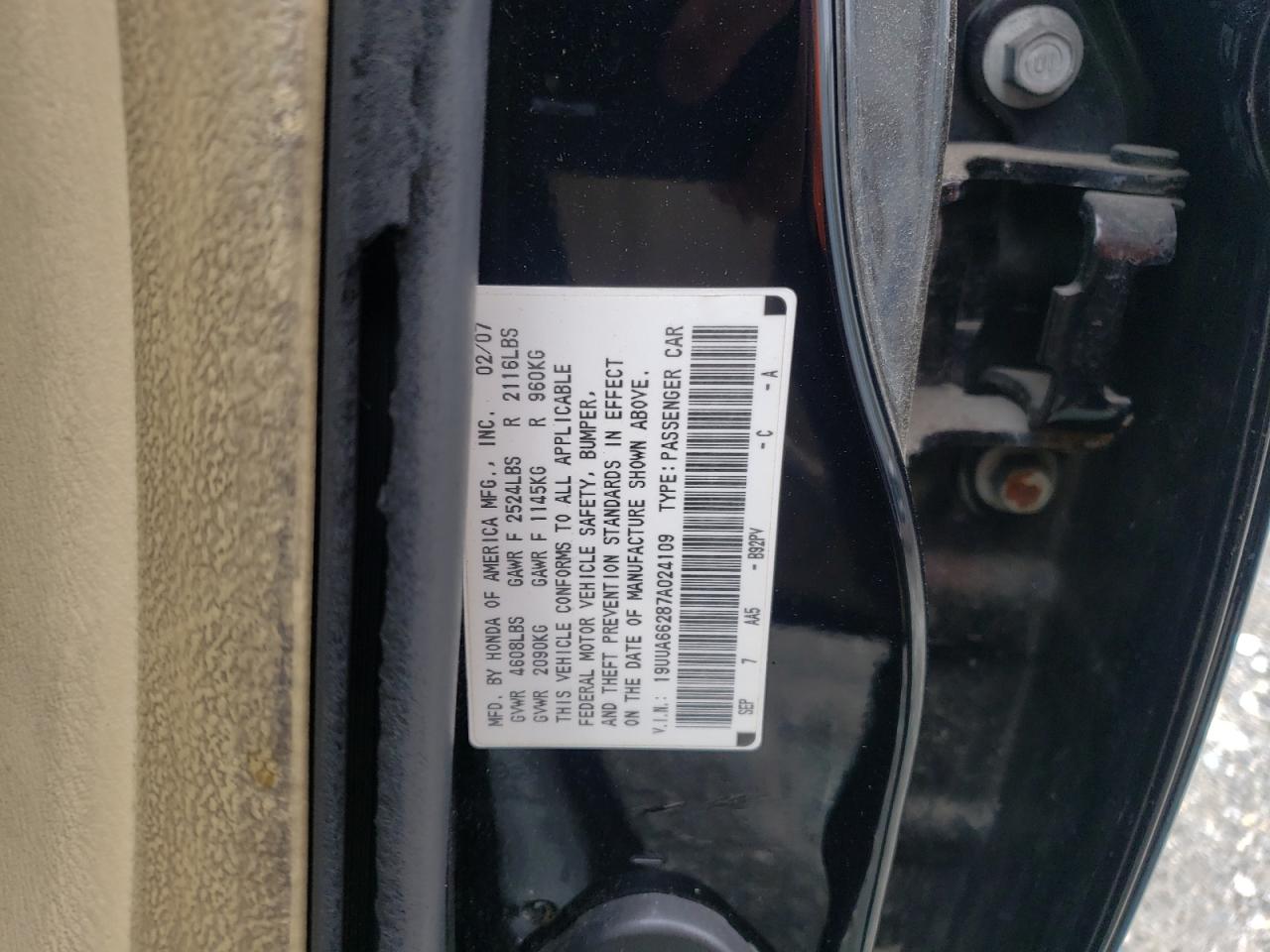 Photo 10 from auction – 2007 ACURA TL with VIN 19UUA66287A024109