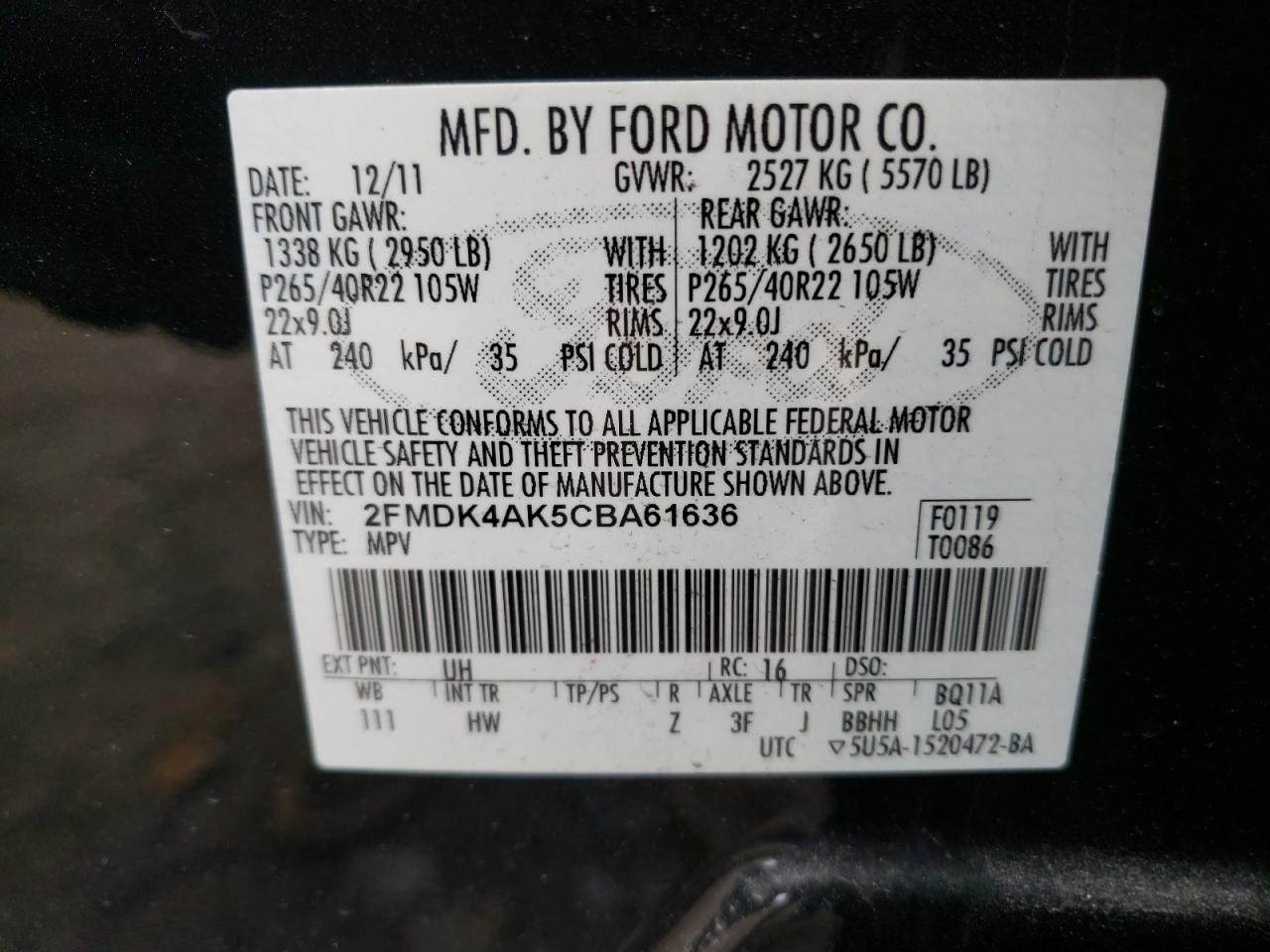 Photo 11 from auction – 2012 FORD EDGE SPORT with VIN 2FMDK4AK5CBA61636