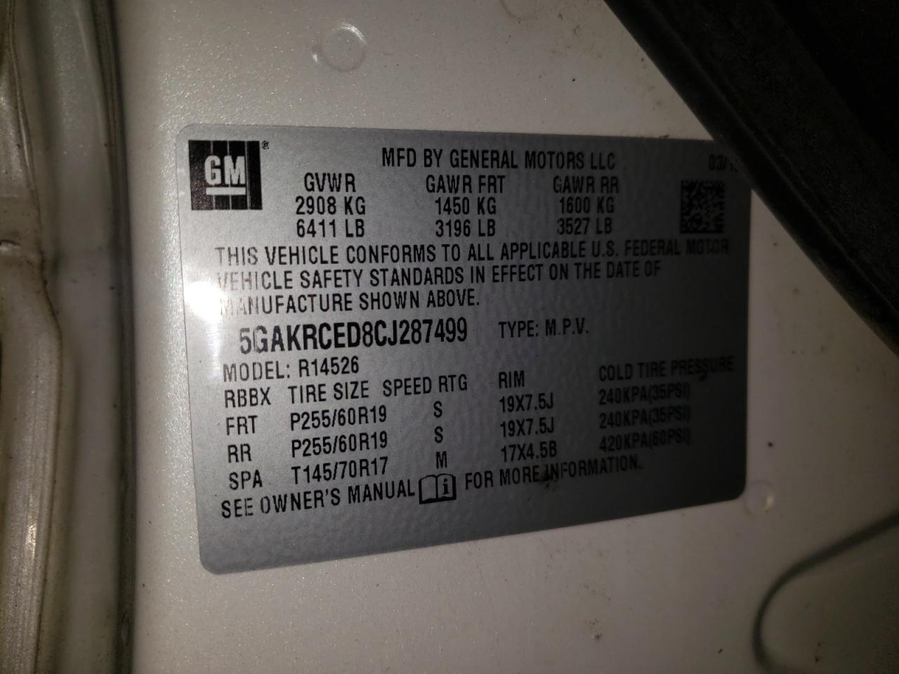 Photo 10 from auction – 2012 BUICK ENCLAVE with VIN 5GAKRCED8CJ287499