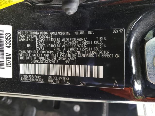 Photo 10 from auction – 2012 TOYOTA SIENNA LE with VIN 5TDKK3DC5CS226013