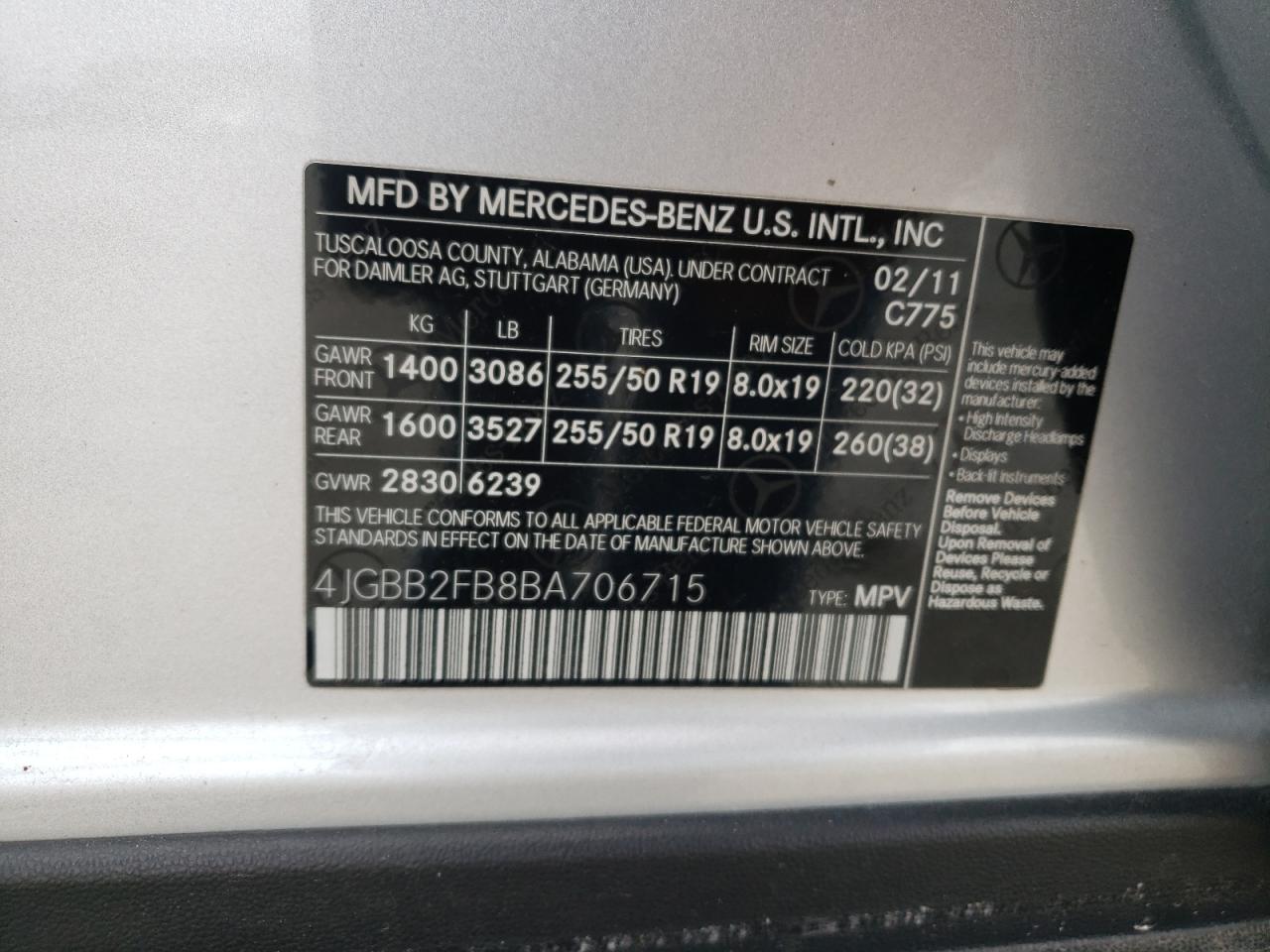 Photo 10 from auction – 2011 MERCEDES-BENZ ML 350 BLU with VIN 4JGBB2FB8BA706715