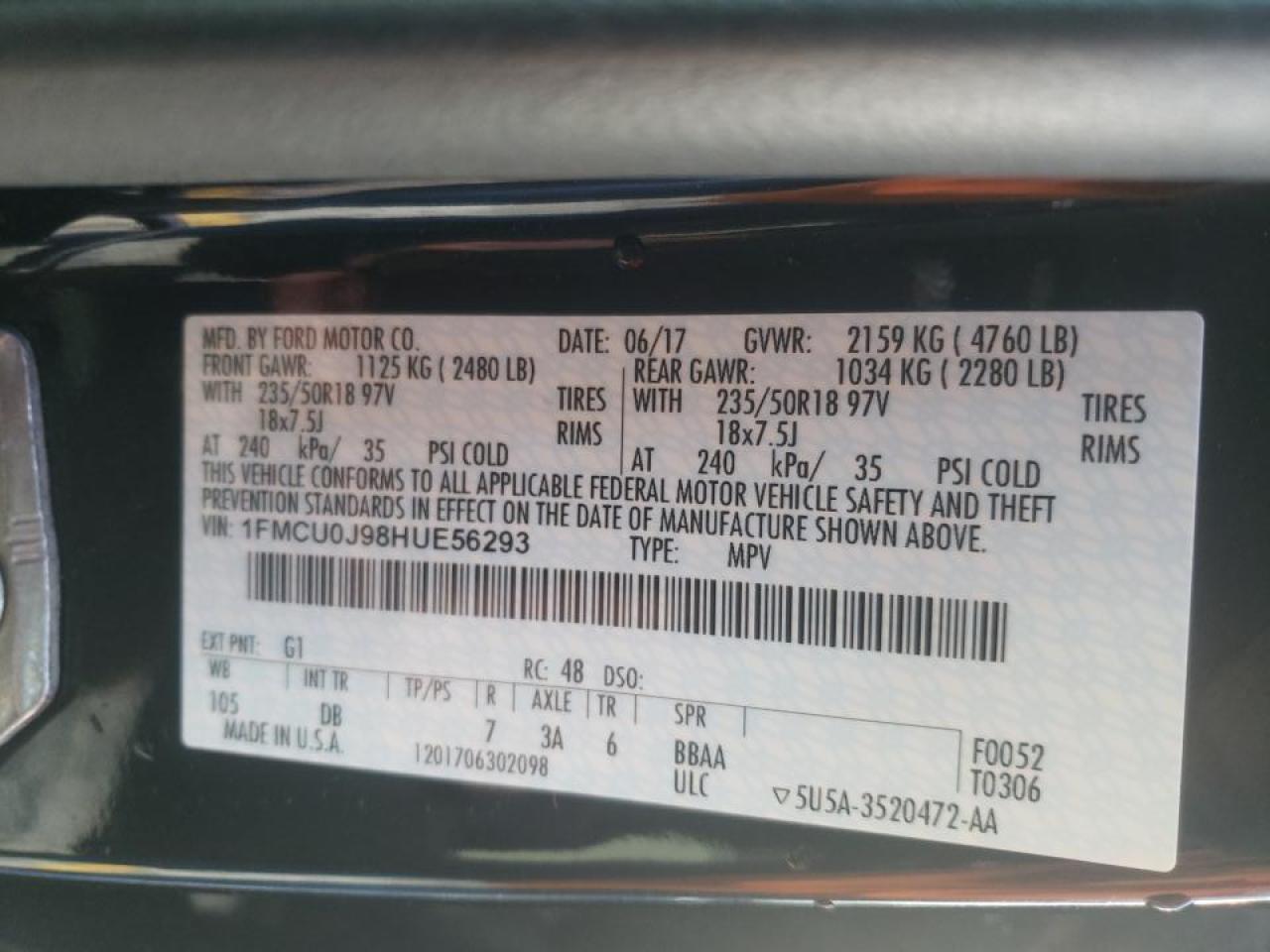 Photo 10 from auction – 2017 FORD ESCAPE TIT with VIN 1FMCU0J98HUE56293