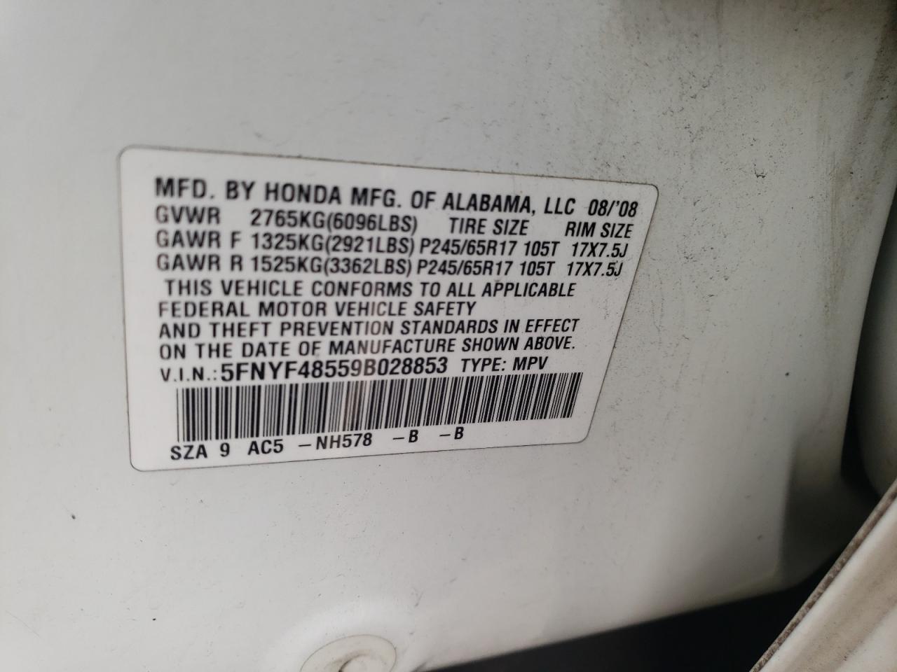 Photo 10 from auction – 2009 HONDA PILOT EXL with VIN 5FNYF48559B028853