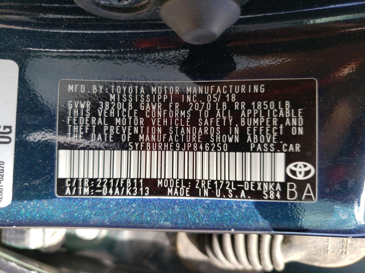Photo 10 from auction – 2018 TOYOTA COROLLA L with VIN 5YFBURHE9JP846250