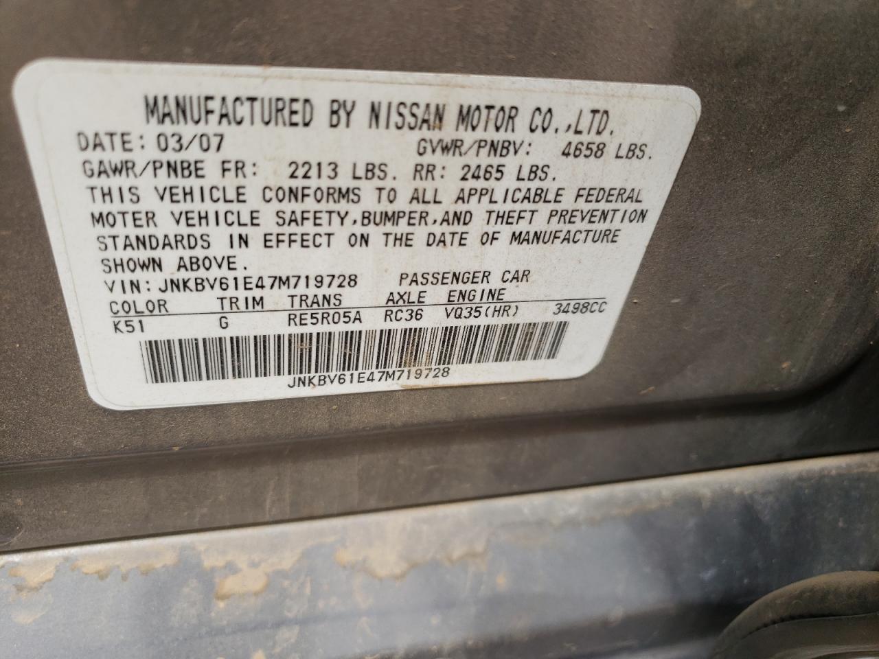 Photo 10 from auction – 2007 INFINITI G35 with VIN JNKBV61E47M719728