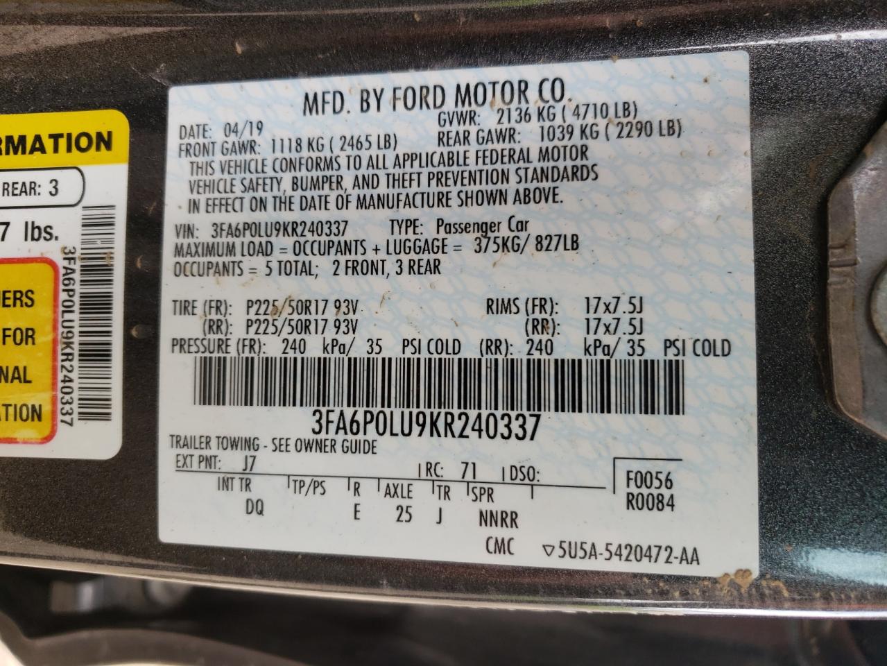 Photo 10 from auction – 2019 FORD FUSION SE with VIN 3FA6P0LU9KR240337