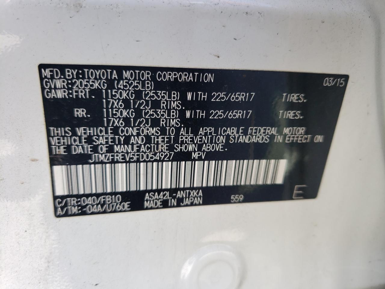 Photo 10 from auction – 2015 TOYOTA RAV4 LE with VIN JTMZFREV5FD054927