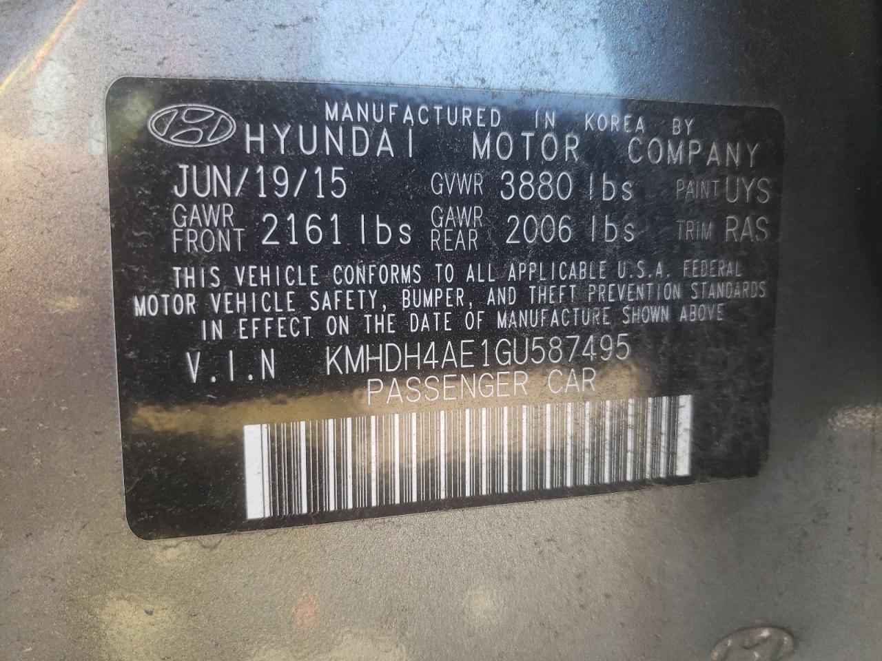 Photo 10 from auction – 2016 HYUNDAI ELANTRA SE with VIN KMHDH4AE1GU587495